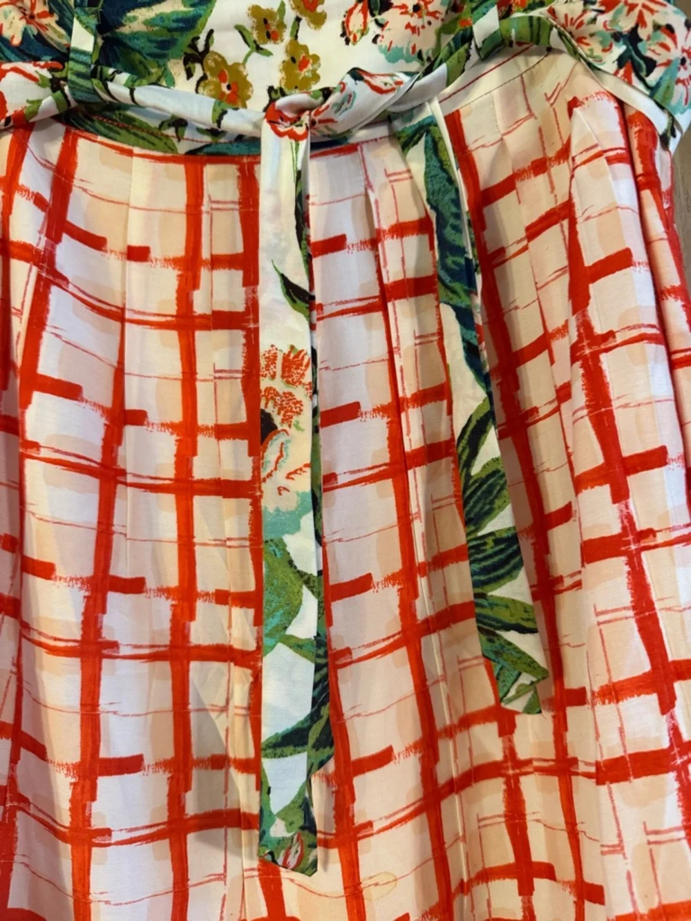 Maeve Anthro Floral Waistband Red Grid A-Line Skirt - Picture 3 of 6